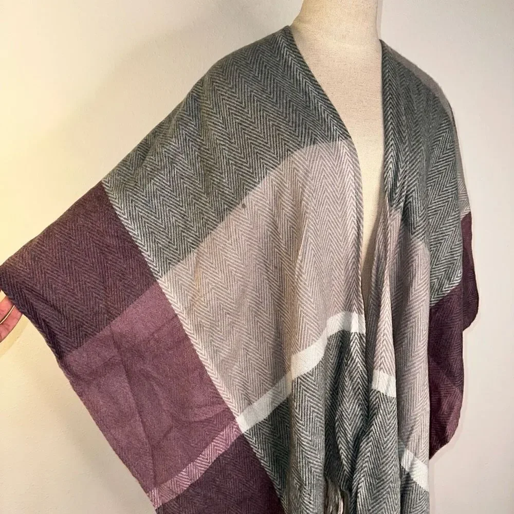 Woolrich Womens OS Purple & Gray Cozy‎ Blanket Duster Sweater Wrap Fringe Trim